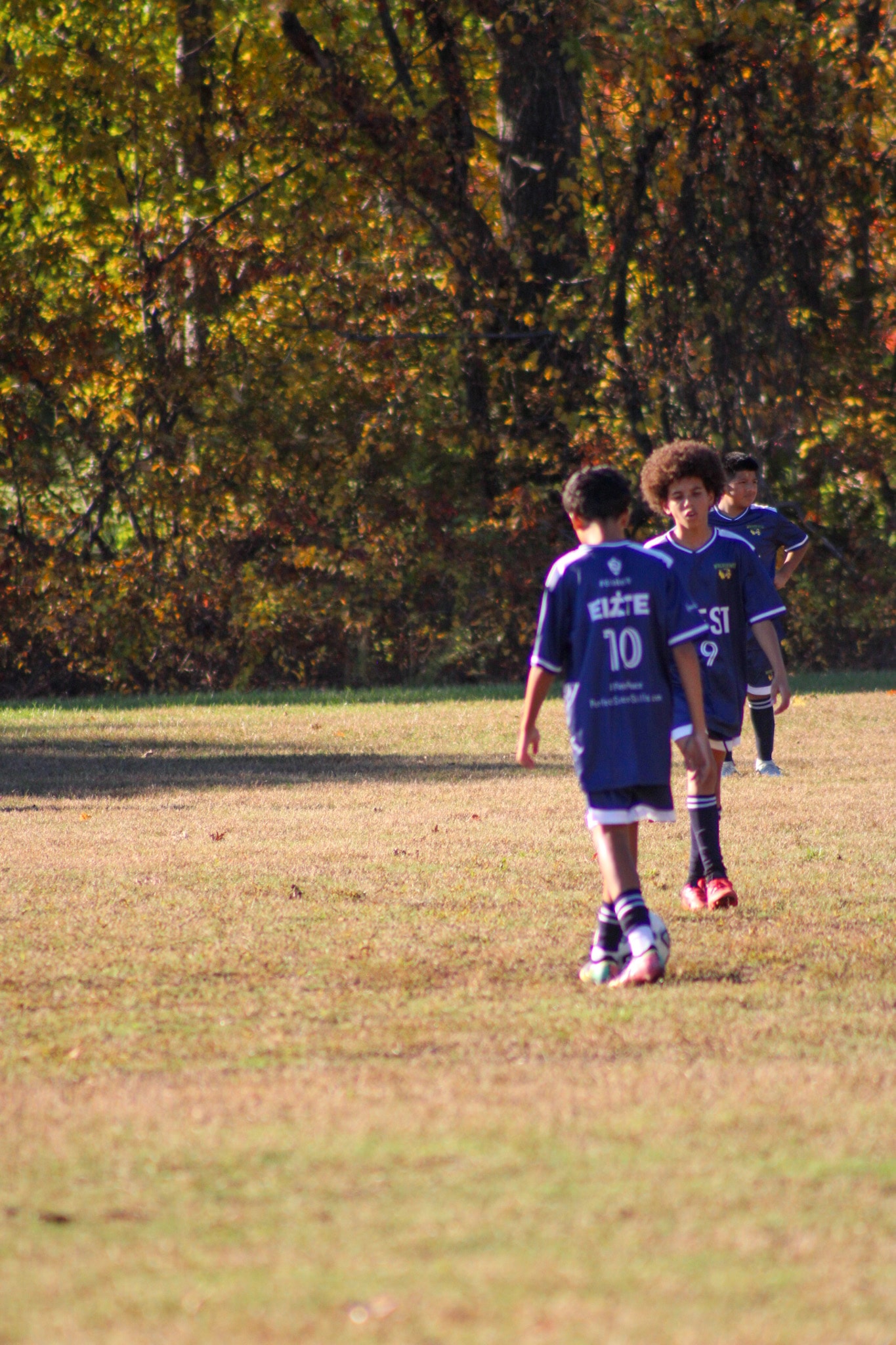 Youth soccer player near goal with autumn foliage
